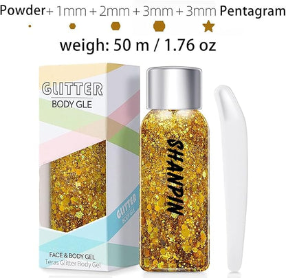 SHANPIN Gold Body Glitter, Chunky Glitter Gel Makeup for Face Hair Nails, Sparkling Mermaid Sequins for Women Face Body Glitter Gel, Glitter Face Paint for Women Rave Festival