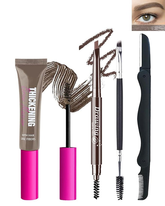 Waterproof Tinted Brow Gel Kit,1 Brown Tinted Eyebrow Mascara Gel & 1 Eyebrow Pencil Dark Brown, Brow Filler Lift Fast Sculpt Waterproof Eyebrow Gel Glue, Eye Brow Makeup with Brow Razor & Brush-Set 5