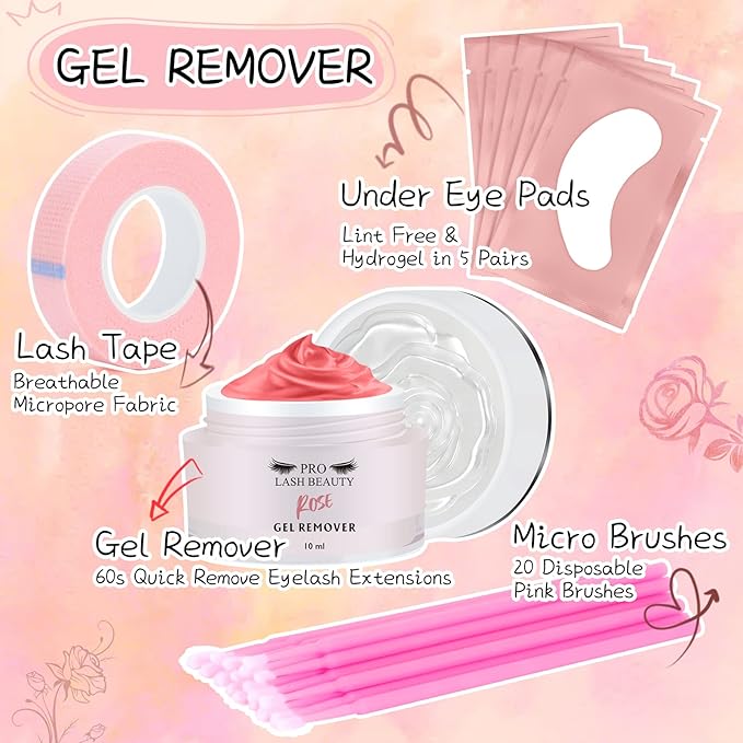 Eyelash Extension Remover Kit 10ML Fragrance Lash Remover for Lash Extensions Rose Scent Eyelash Remover with Eye Patch Microswab Brushes No Irritation Quick Dissolves Eyelash Adhesive Removal Rose