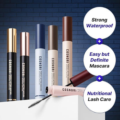 COSNORI Perfect Setting Waterproof Mascara Long & Curl - Lengthening Fiber Mascara Black – Natural Lash Extension – Waterproof, Smudge Proof, Clump Free – Irritation Free Tested, 0.24 fl.oz.
