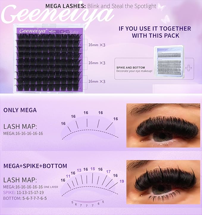Geeneiya 200D Mega Lash Clusters Volume Eyelash Clusters D Curvature Cluster Eyelash Extensions DIY Wispy Lash Extension | Only 16MM Mega Lashes