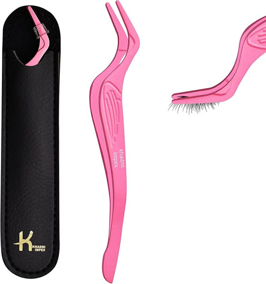 Eyelash Applicator Tool in Leather Case -Best Lash Cluster Applicator-with Stainless Steel Curved Design Lash Applicator Use for Wisps Lashes(Nude) (Baby Pink)