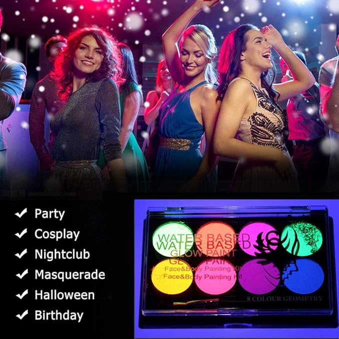 UV Face Paint Kit, Glow In The Dark Paint, Neon Fluorescent Body Painting 8 Colors Professional Brush,Water Based Black Lights Makeup for Kids Adults,Halloween Party Supplies,Projects Costumes Theater