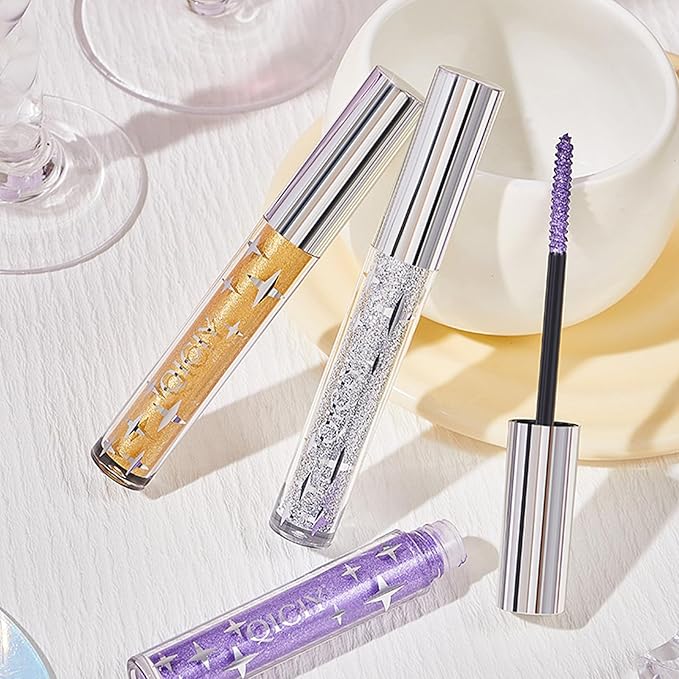 Petansy 3 Colors Glitter Mascara Waterproof Long Lasting Lightweight Smudge-Proof Colored Mascara Diamond Sparkling Colorful Mascara，Voluminous Colorful Eyelashes Party Stage Use Makeup for Women