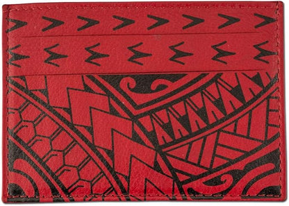 Polynesian Tattoo Leather Credit Card Holder Super Slim Wallet "Hiku" with Tribal Tattoo art by Eugene Ta’ase (Red) from NAKOA