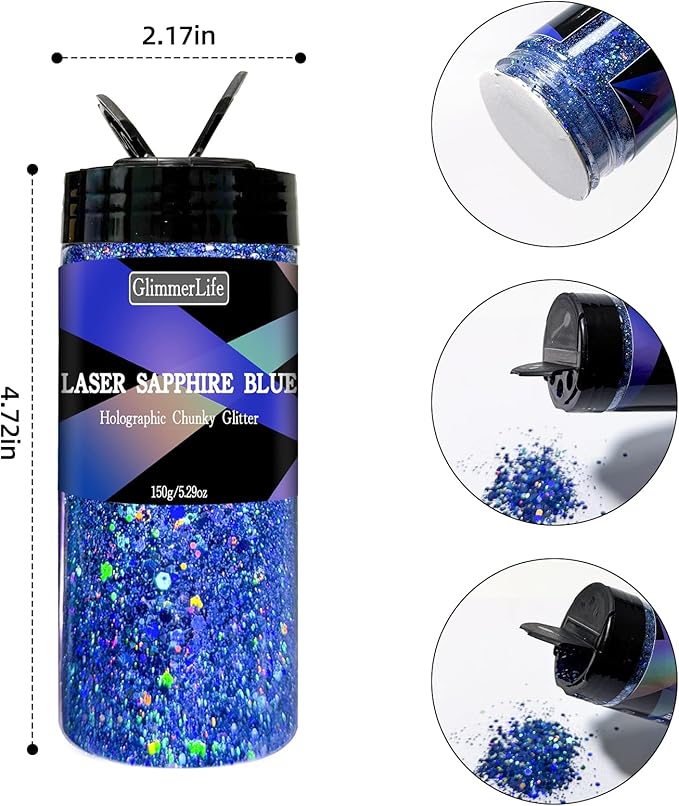 GlimmerLife Glitter 150G/5.29OZ Blue Glitter, Holographic Chunky Glitter, Craft Glitter for Resin, Metallic Iridescent Sequin Flakes Bulk, Nail Glitter for Makeup Face, Body Eye, Epoxy Tumblers