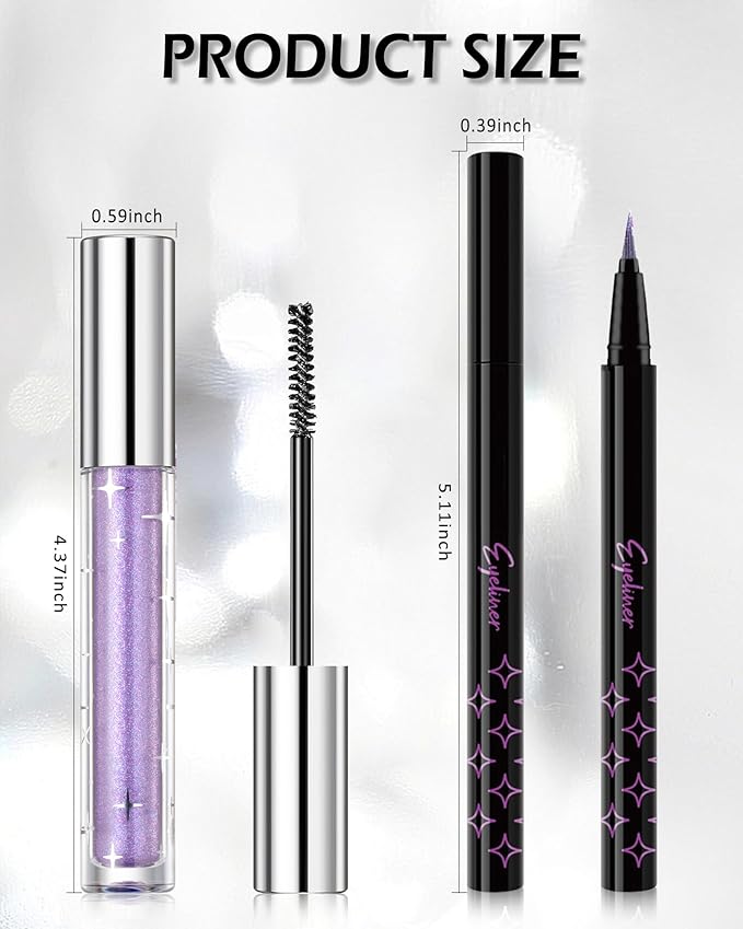 Purple Glitter Mascara + Eyeliner Pen Set, Shimmer Volume Colorful Mascara, Sparkling Liquid Eyeliner, Waterproof, High-Pigmented, All-Day Wear Shine Eye Makeup for Dazzling Looks