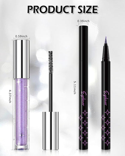 Silver Glitter Mascara + Eyeliner Pen Set, Shimmer Volume Colorful Mascara, Sparkling Liquid Eyeliner, Waterproof, High-Pigmented, All-Day Wear Shine Eye Makeup for Dazzling Looks