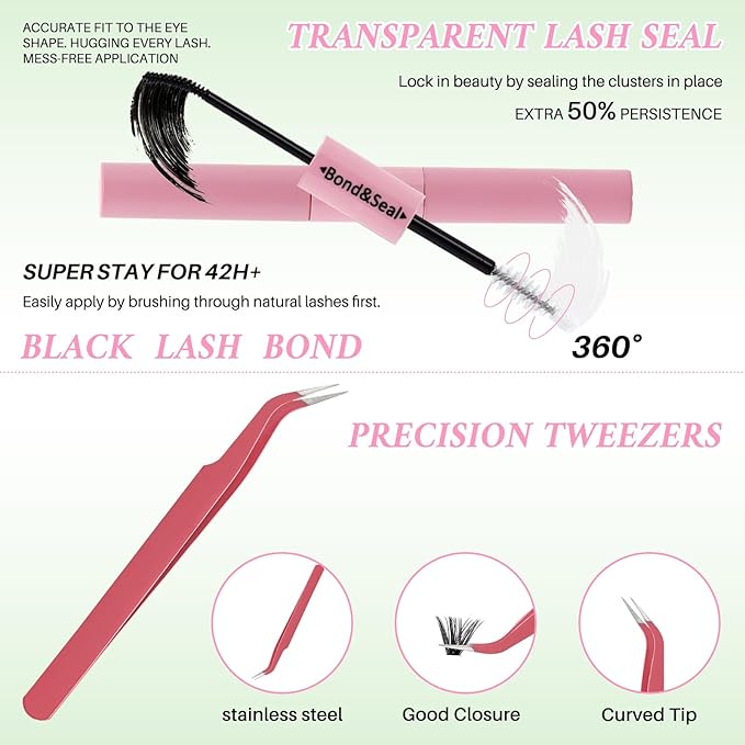 Lash Extension Kit DIY Lash Clusters Kit 624pcs Cluster Lashes Eyelash Extension Kit Individual Lashes with Lash Bond and Seal,Lash Tweezers,Mascara Brush(624pcs 20D+40D+60D+80D Kit,9-16mm)