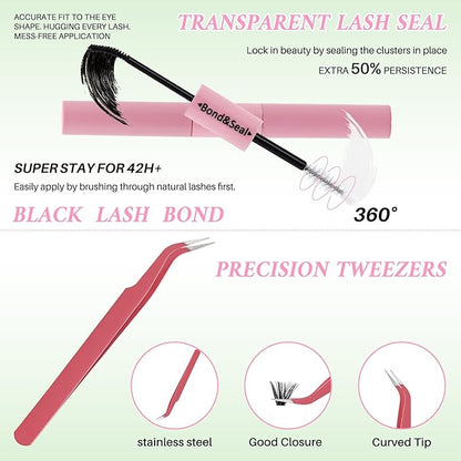 Lash Extension Kit DIY Lash Clusters Kit 624pcs Cluster Lashes Eyelash Extension Kit Individual Lashes with Lash Bond and Seal,Lash Tweezers,Mascara Brush(624pcs 20D+40D+60D+80D Kit,9-16mm)