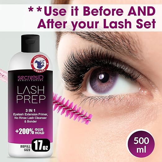 3 in 1 Eyelash Extension Primer Bulk 16 Oz - No Rinse Lash Cleanser and Bonder - Made in America Kit with 100 Wands for Lash Technicians and Brow Stylists for Optimal Retention - Fragrance Free