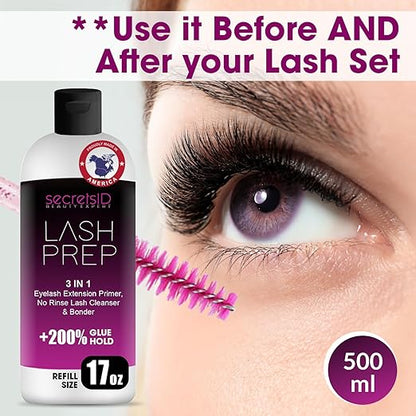 3 in 1 Eyelash Extension Primer Bulk 16 Oz - No Rinse Lash Cleanser and Bonder - Made in America Kit with 100 Wands for Lash Technicians and Brow Stylists for Optimal Retention - Fragrance Free