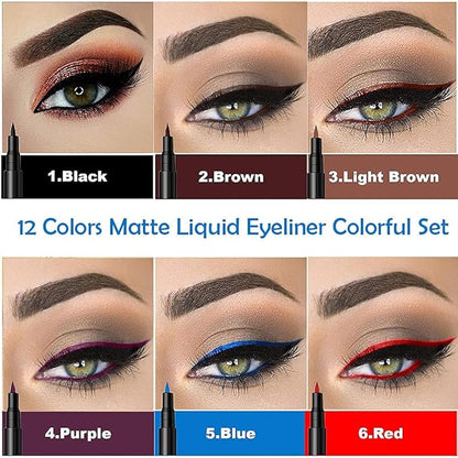 evpct 12Pcs Colors Matte Waterproof Colored Liquid Eyeliner Colorful Set Rainbow Colorful Neon Winged Eyeliner Stamp Shapes delineador de ojos de colores Red Orange Pink Black Blue Liquid Eye Liners