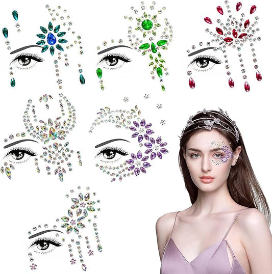 6PCS Gems Glitters for Festivals, Self Adhesive Glitters Acrylic Face Stickers Face Crystal Jewels Rhinestone Stickers for Music Festival Party Birthday Carnival