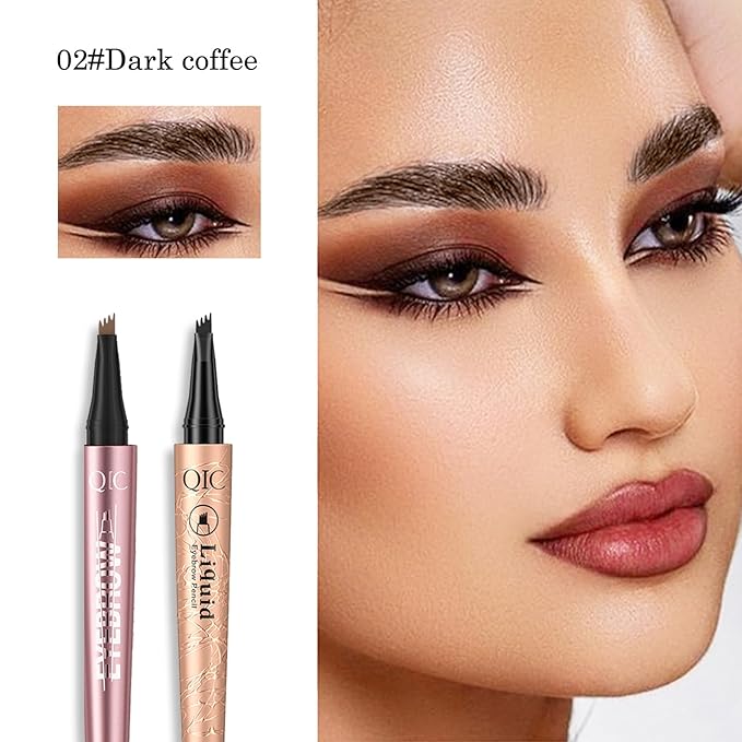 2 Pcs Eyebrow Tattoo Pencil,3D Microblade Eyebrow Pen with 4 Fork Tip Magic Eyebrow Pencil Waterproof Smudge-proof Natural Eyebrow Hair Micro Eye Brow Pencil for women (Dark Brown)
