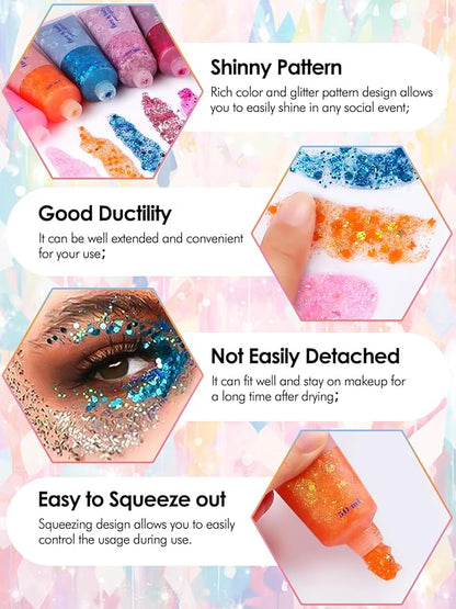 9Colors Face Body Glitter Gel, TOROKOM Sparkling Holographic Face Glitter Gel Mermaid Cosmetic Glitters Flakes Gel Long Lasting Chunky Glitter for Valentine's Day Party Rave Eye Lip Hair Nail Body