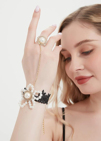 Gothic Pearl Lace Steampunk Wristband Vintage Pearl Pendant Tassel Lace Hand Chain with Finger Ring Lolita Lace Hand Accessories for Women and Girls (Style 8)