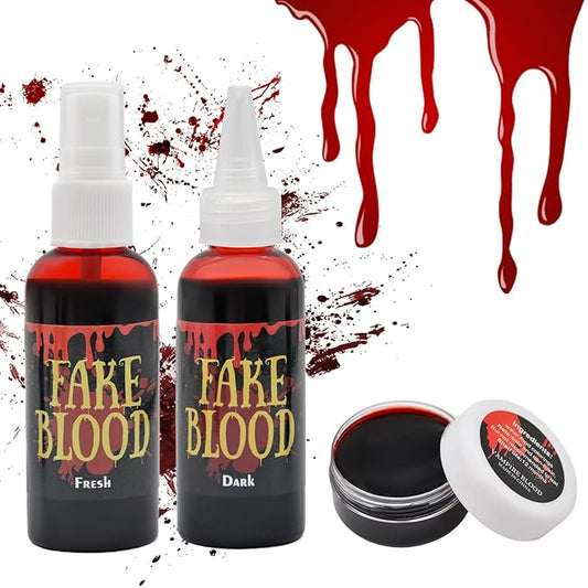 3 Pack Halloween Fake Blood Makeup Set - 1.05 oz Coagulated Blood Gel + 2.1 oz Fake Coagulated Blood Spray + 2.1 oz Dripping Fresh Blood, Realistic Washable Special Effects SFX Cosplay Accessories
