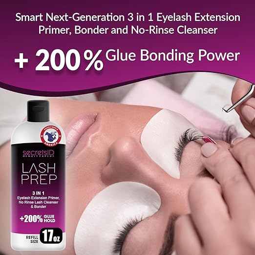 3 in 1 Eyelash Extension Primer Bulk 16 Oz - No Rinse Lash Cleanser and Bonder - Made in America Kit with 100 Wands for Lash Technicians and Brow Stylists for Optimal Retention - Fragrance Free