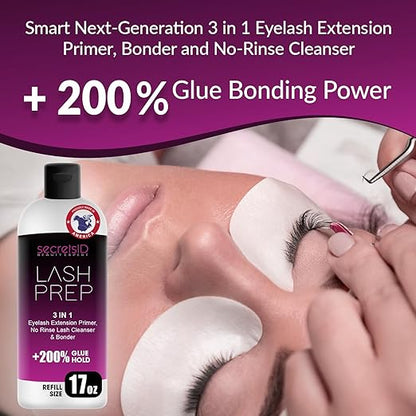 3 in 1 Eyelash Extension Primer Bulk 16 Oz - No Rinse Lash Cleanser and Bonder - Made in America Kit with 100 Wands for Lash Technicians and Brow Stylists for Optimal Retention - Fragrance Free