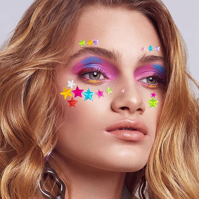Stars Pattern Face Gems Jewels Self Adhesive Rhinestones Halloween Rave Featival Makeup Body Face Eye Hair Gems Stickers Women Festival Accessory Crafts Decorations (Red Purple Pink Gold Blue Stars)