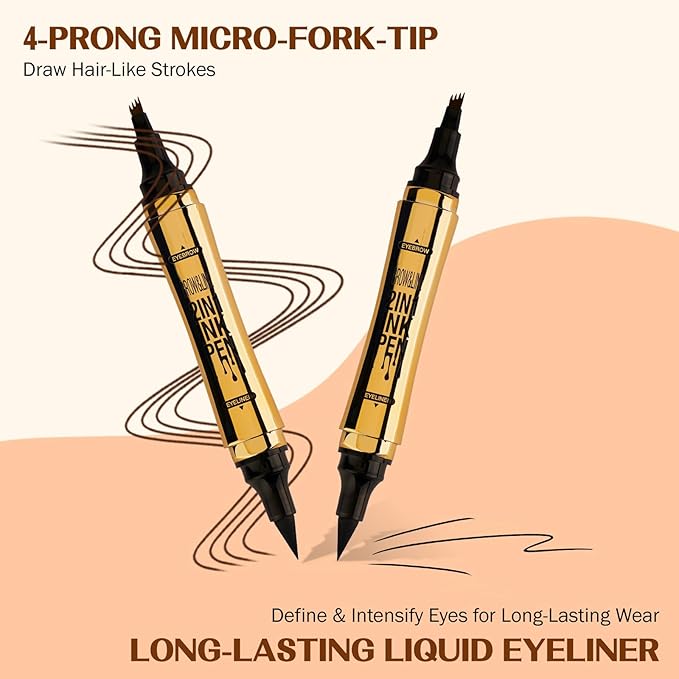 Microblading Eyebrow Pencil, Eyebrow & Eyeliner 2-in-1 Dual-Ended Eyebrow Pen with 4-Prong Micro-Fork-Tip Applicator and No-Skip Eyeliner Creates Natural-Looking Brows, Stay on All Day (Dark Brown)