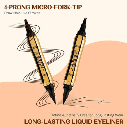 Microblading Eyebrow Pencil, Eyebrow & Eyeliner 2-in-1 Dual-Ended Eyebrow Pen with 4-Prong Micro-Fork-Tip Applicator and No-Skip Eyeliner Creates Natural-Looking Brows, Stay on All Day (Dark Brown)