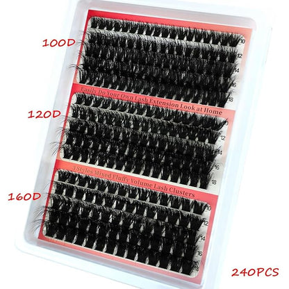 HBZGTLAD Fluffy Cluster Lashes 40D60D80D100D120D Natural Thick Eyelash Clusters D Curl Individual Lashes DIY Eyelashes Extension (240Pcs 100D120D160D)