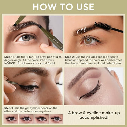 UCANBE Eyebrow Pencils for Women with Spoolie Brush, Dual-Ended Eyebrow Pen with 4-Fork-Tip & Gel Eyeliner, Microblading Brow Pen with Eyeliner Pencil + Brow Brush for Hair Like Brows, Light Brown
