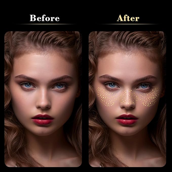 Gold Face Glitter Freckles,Music Festival Waterproof Sparkle Freckles Glitter Face Tattoos,Mardi Gras Singer Concert Party Metallic Sparkling Face Speckles Makeup Patches,6 Pcs
