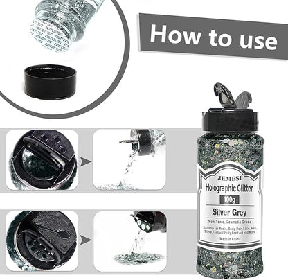 Holographic Chunky Glitter, 100g/0.35oz Silver Grey Cosmetic Craft Glitter for Epoxy Resin, Nail Sequins Iridescent Flakes, Body, Face, Hair, Nail, Glitter Slime Making