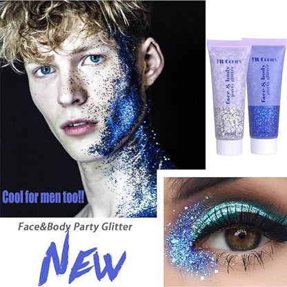Face Glitter Gel, 2 Jars Holographic Chunky Glitter Makeup for Body, Hair, Face, Nail, Eyeshadow, Long Lasting and Waterproof Mermaid Sequins Liquid Glitter Total 6 Colors Available (Silver & White)