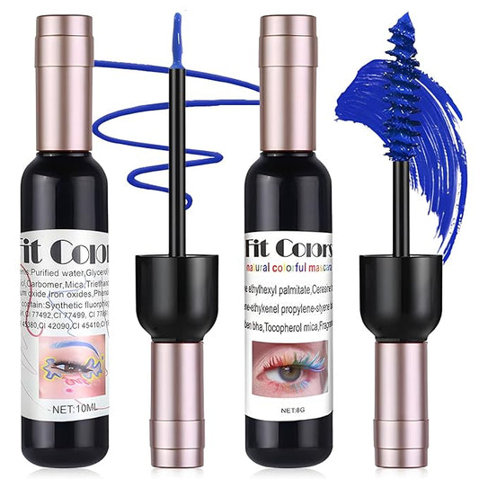 Blue Mascara & Liquid Eyeliner Set, Waterproof Eyeliner Colored Mascara Volume and Length Halloween Eye Liner Lash Makeup Natural Smudge-Proof Colorful Lasting Wine Bottle Pigmented Pencil