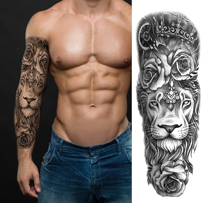 Lion Tattoos 4-Sheet Full Sleeve and 4-Sheet Half Sleeve Sticker Makeup Props for Men, Women & Kids