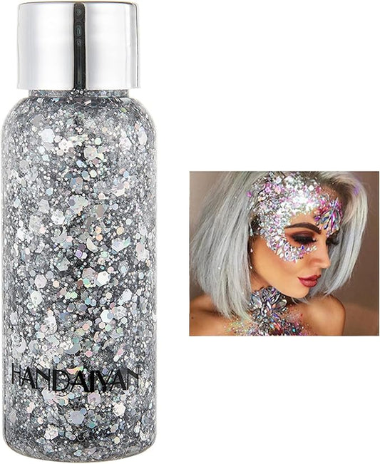 AWCCXMYM Body Glitter Gel Face Glitter for Body,Face,Eye,Hair Glitter Makeup Liquid Long Lasting Sparkling Mermaid Scales for Festival Art Party Halloween for Woman Kids(Silver)