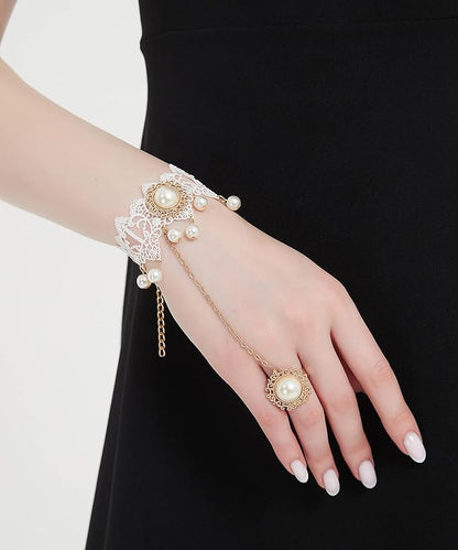 Gothic Pearl Lace Steampunk Wristband Vintage Pearl Pendant Tassel Lace Hand Chain with Finger Ring Lolita Lace Hand Accessories for Women and Girls (Style 2)