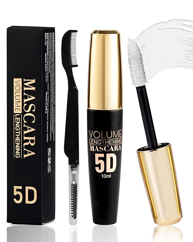 White Waterproof Mascara Primer for Eyelashes, 5D Silk Fiber Lash Extension Colored Tube Mascara with Eyelash Brush, Long Lasting Smudge-proof Volumizing Lengthening, Eye Makeup Party Gift for Women