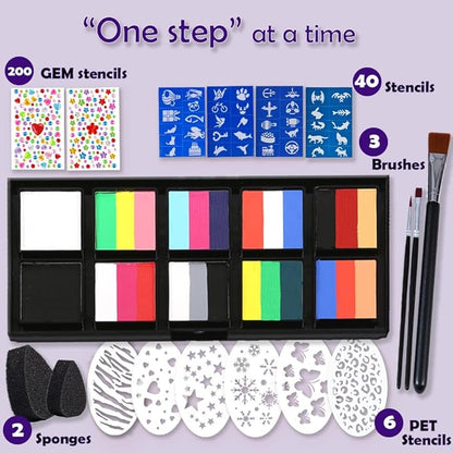 Face Painting Kit - Professional Rainbow Split Cake for Body & Face Makeup, Water Activated, 10 x 10g, with Stickers, Brushes, Sponges, for Halloween, Christmas, Easter, Parties