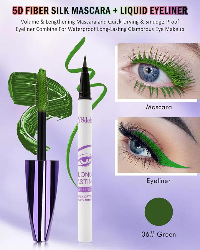 Red Mascara Liquid Eyeliner Set,5D Waterproof Fiber Colored Mascara Volume and Length,Longlasting Smudgeproof Color Eye Liner Pen,Cosplay Party Stage Use,Mother's Day Makeup Gift Kit for Women Girl