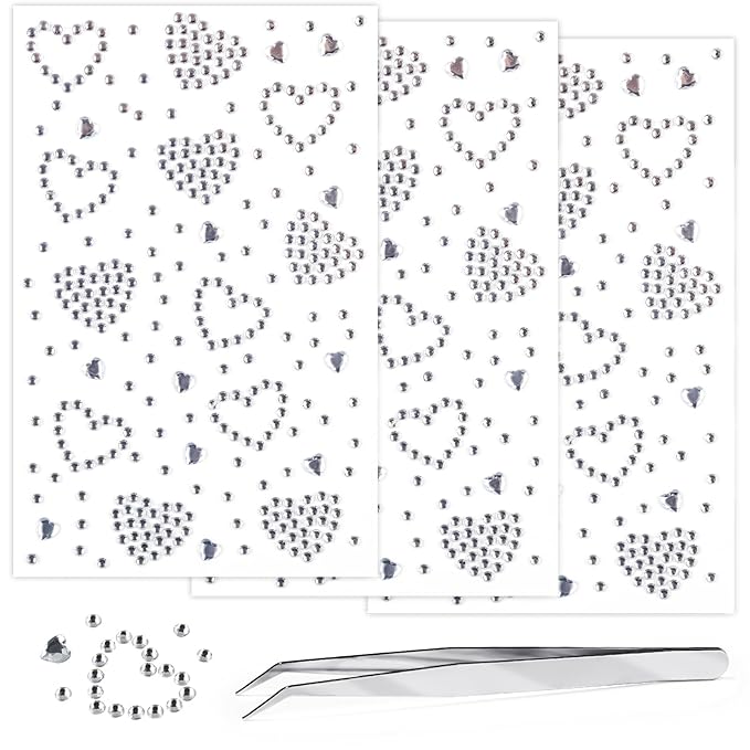 3 Sheets Face Gems Jewels Self Adhesive Heart Rhinestone Stickers for Face Eyes Makeup Hair Body Stick on Rhinestones Stickers for Valentine Festival Decal Decor(White)