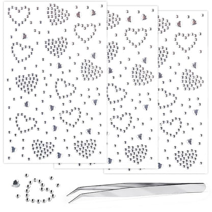 3 Sheets Face Gems Jewels Self Adhesive Heart Rhinestone Stickers for Face Eyes Makeup Hair Body Stick on Rhinestones Stickers for Valentine Festival Decal Decor(White)