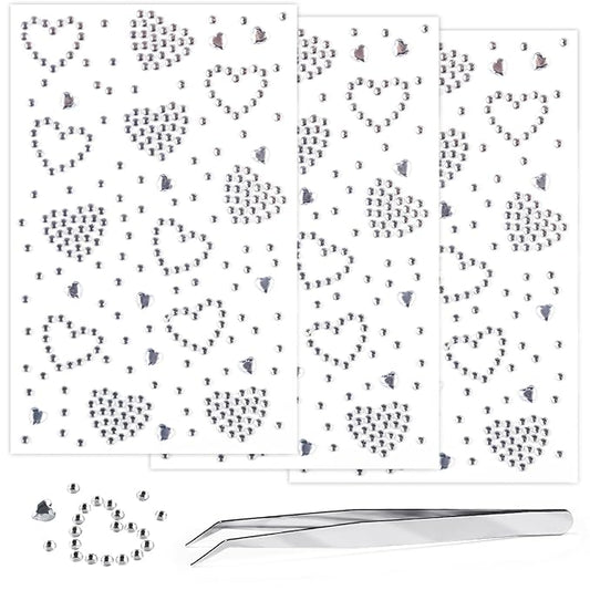 3 Sheets Face Gems Jewels Self Adhesive Heart Rhinestone Stickers for Face Eyes Makeup Hair Body Stick on Rhinestones Stickers for Valentine Festival Decal Decor(White)