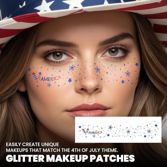 EMOME 16 PCS Gold Glitter Faux Freckles & 6 PCS 4th of July Faux Freckles & 14 PCS Independece Day Face Tattoos with 3 Sheets Face Gems
