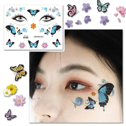 Eye Shiny Butterfly Flower Stickers Facial Body Glitter Butterfly Makeup Stickers for Women Girls Waterproof Temporary Fake Flower Tattoo Sticker for Halloween Costume Party Facial Body Decoration 6 sheets