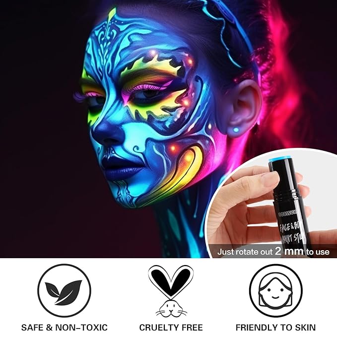 BOBISUKA Neon Blue Face Body Paint Stick Water Based Glow In The UV Light Face Painting Kit Eye Black Sticks for Sports Quick Drying Foundation Makeup for Halloween Cosplay SFX Costume Party