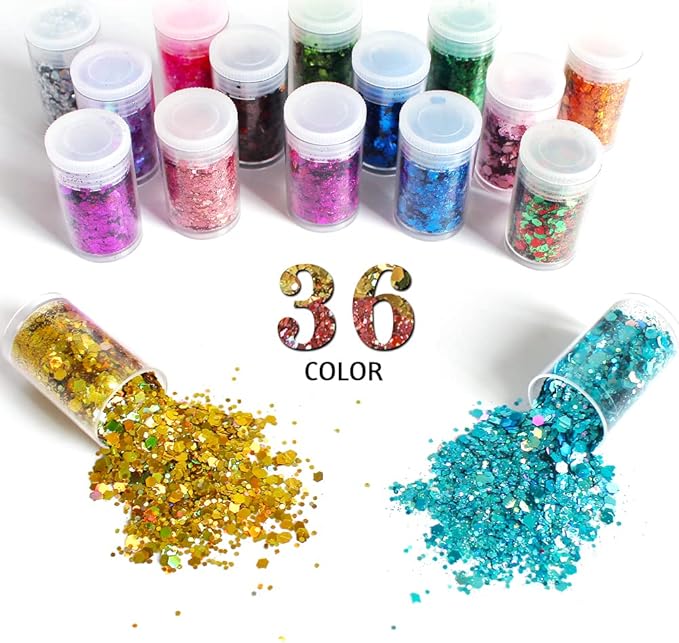 Holographic Chunky Glitter, Set of 36 Colors Craft Glitter Sparkle Sequins, Cosmetic Glitter Flake for Epoxy Resin, Body, Face, Eye, Nail Arts, Slime Making, Wedding Festival Party Decoration