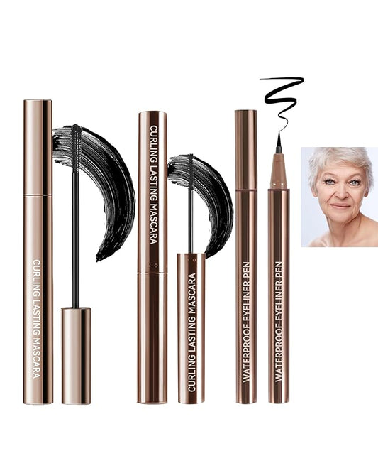Mascara Eyeliner Pen Kit-2Pcs Longlasting Waterproof Mascara Eye Liner Pencil,Volume and Length Curling rimel de pestañas Liquid Eyeliner,Mother's Day Makeup Gift for Older Women 60 Plus-Set 01