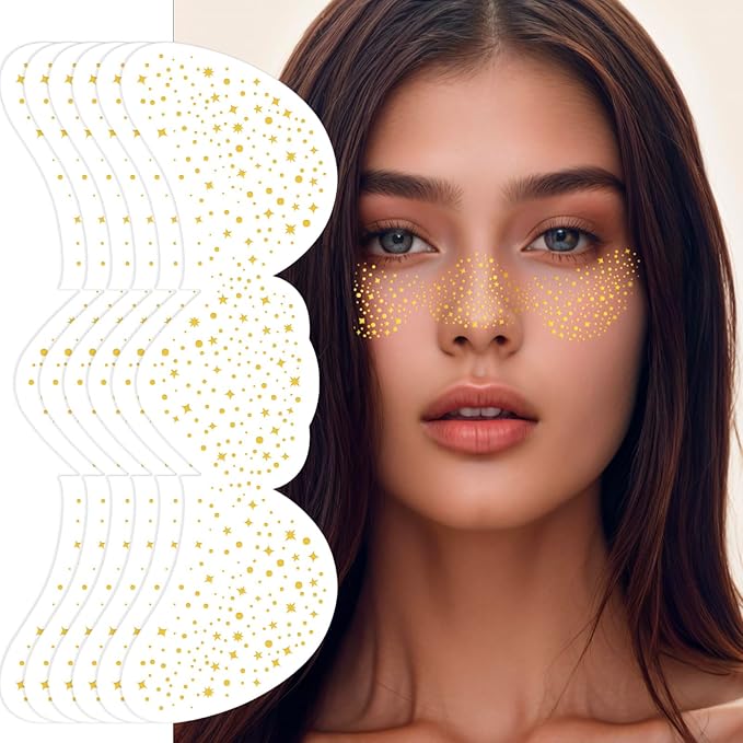 Gold Face Glitter Freckles,Music Festival Waterproof Sparkle Freckles Glitter Face Tattoos,Mardi Gras Singer Concert Party Metallic Sparkling Face Speckles Makeup Patches,6 Pcs