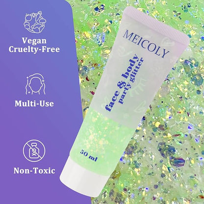 MEICOLY Chameleon Lime Green Body Glitter,Chunky Face Glitter for Halloween,Color Changing Mermaid Face Glitter Gel,Holographic Glitter Sequin for Face Body Hair,Festival Party Cheer Glitter Makeup