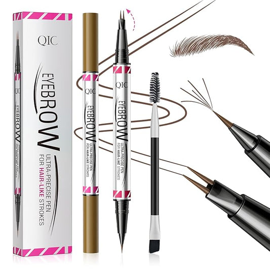 2 Pack Microblading Eyebrow Pencils for Women,2-in-1 Dual-Ended Eye Brow Pen with 2-Fork-Tip and Precise Brush-Tip, Waterproof Long Lasting Eyebrow Pen for Natural Hair-Like Brows(Brown*2)